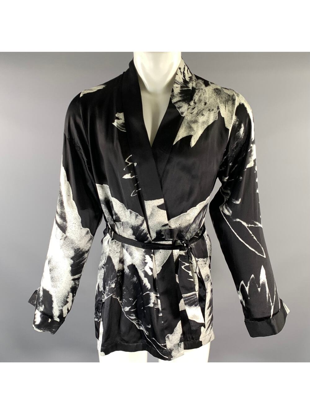 ANN DEMEULEMEESTER Size S Black White Floral Silk Belted Wrap Cardigan